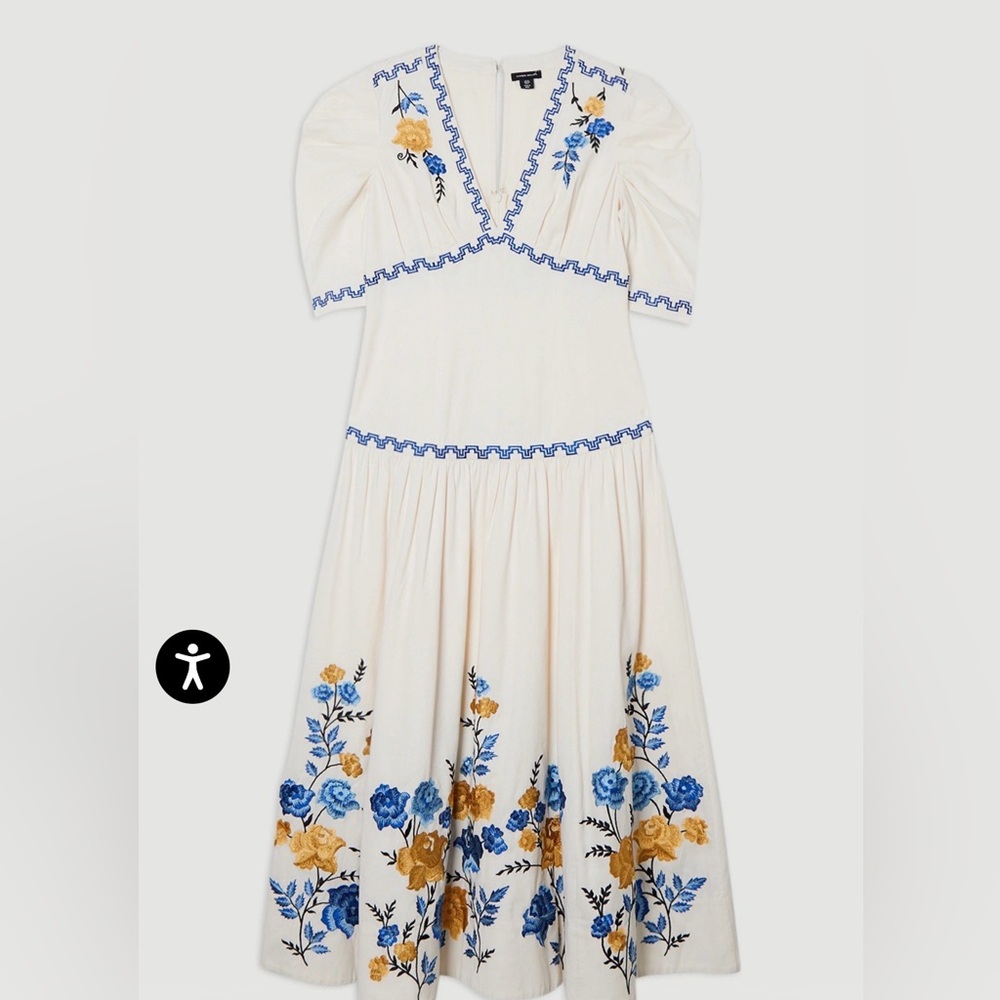 NEW Karen Millen Petite Rose Embroidered Cotton Twill Puff Sleeve Woven Dress